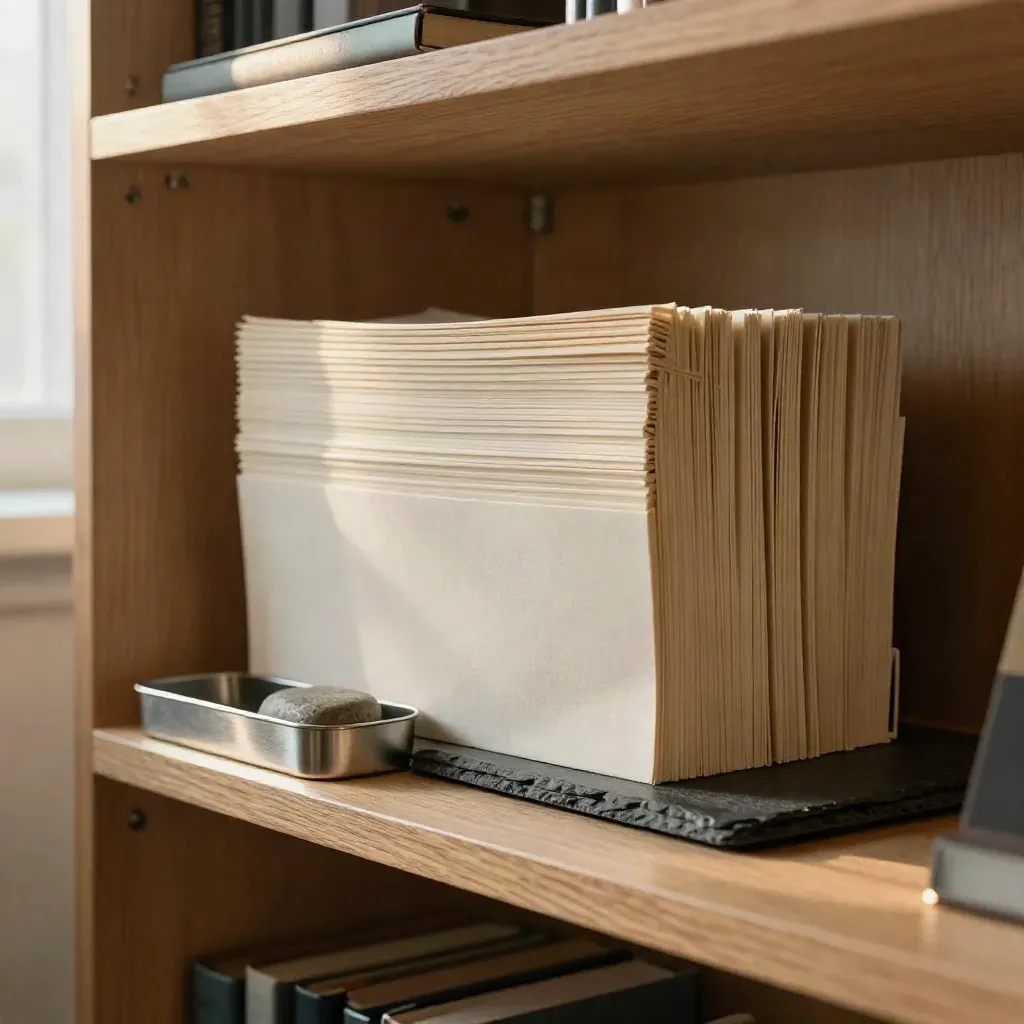 Cream binders, stone paperweight and brushed-metal in-tray on a pale oak shelf.