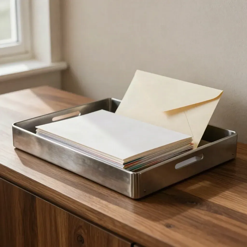 Archival sleeves, flags, paperweight and sealed envelope on a sunlit counter.