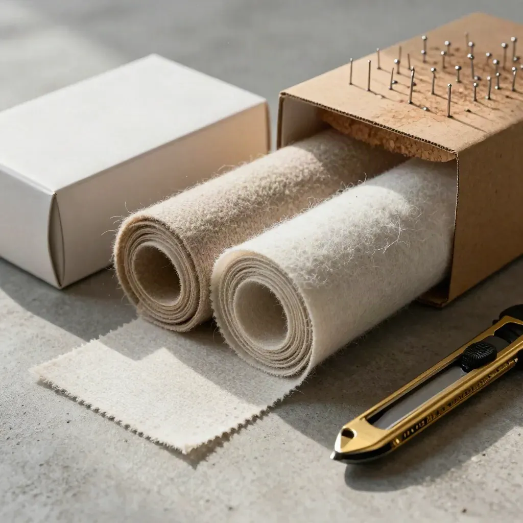 Macro of sample boxes, rolled swatches, utility knife and cork board on concrete with dust and gold accents.