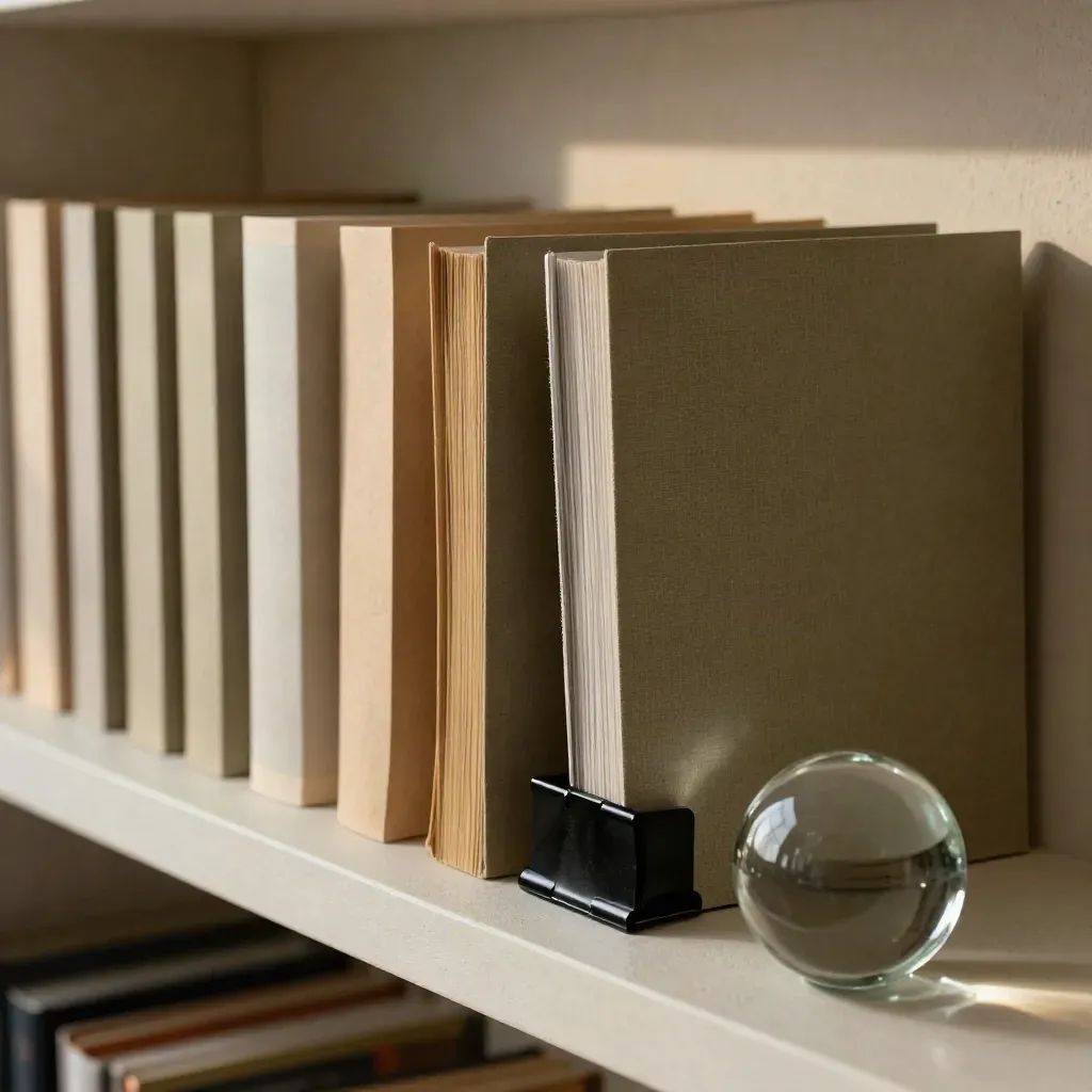 Dossier sleeves on a plaster shelf with a clip and glass paperweight, shot diagonally from above.