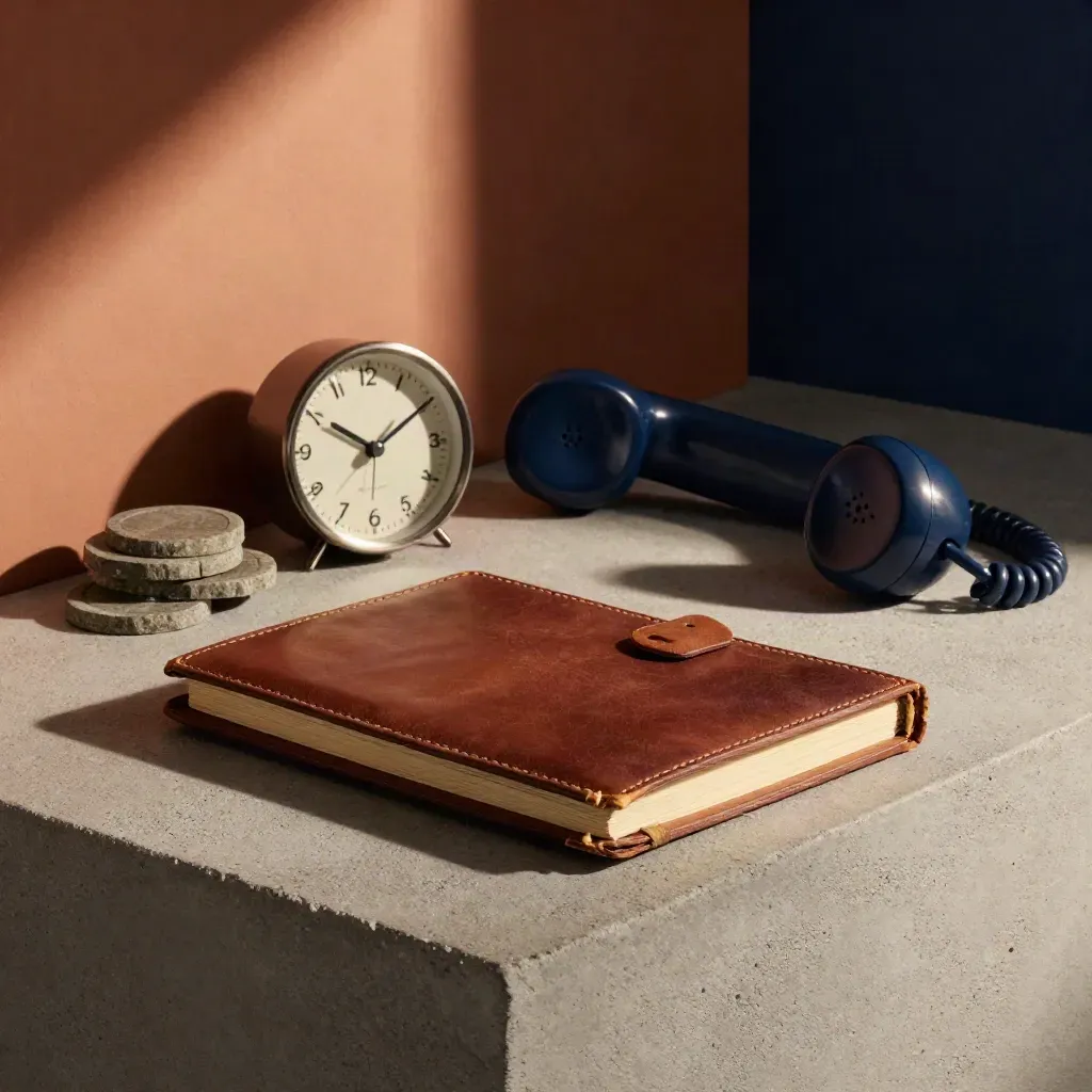 Notebook, clock, stone tokens and a handset on concrete, lit cinematically in deep shadow.