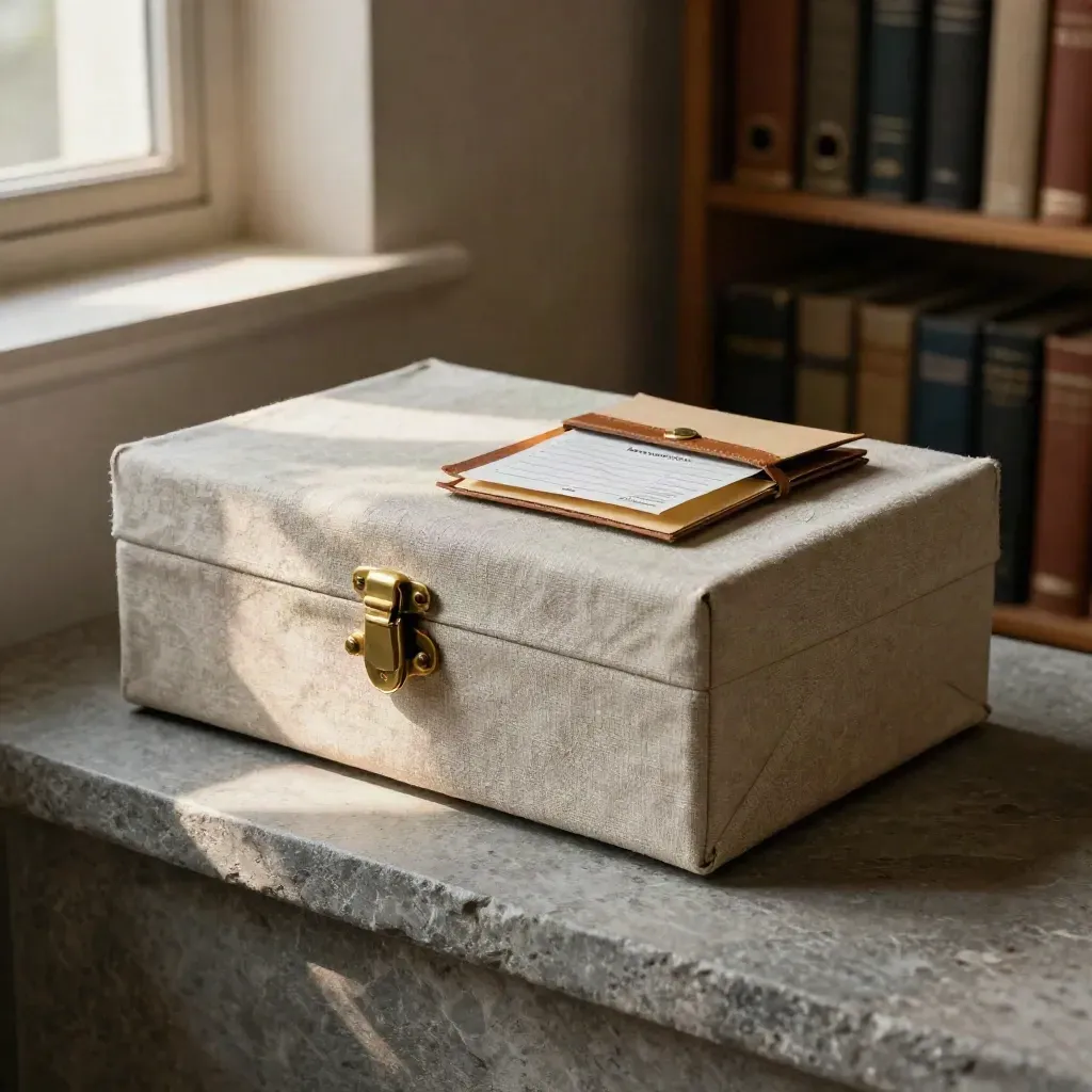 Closed due-diligence archive box with brass clasp and color tabs on a stone ledge.