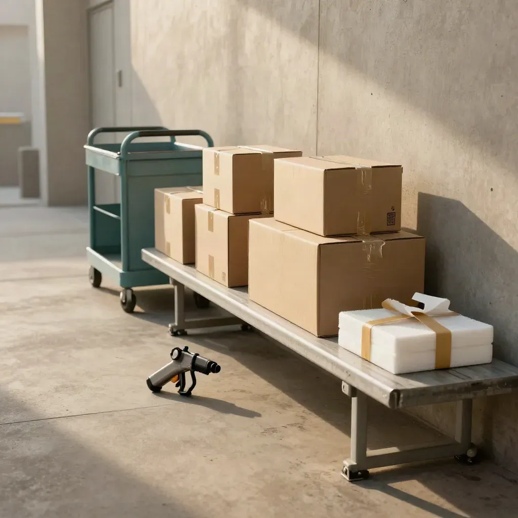 Hazy shipping bench with stacked cartons, utility cart and tape gun in a launch corridor.