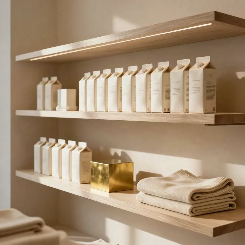 Retail shelf with cream boxes, pale hangers, and a brass display block in soft daylight.