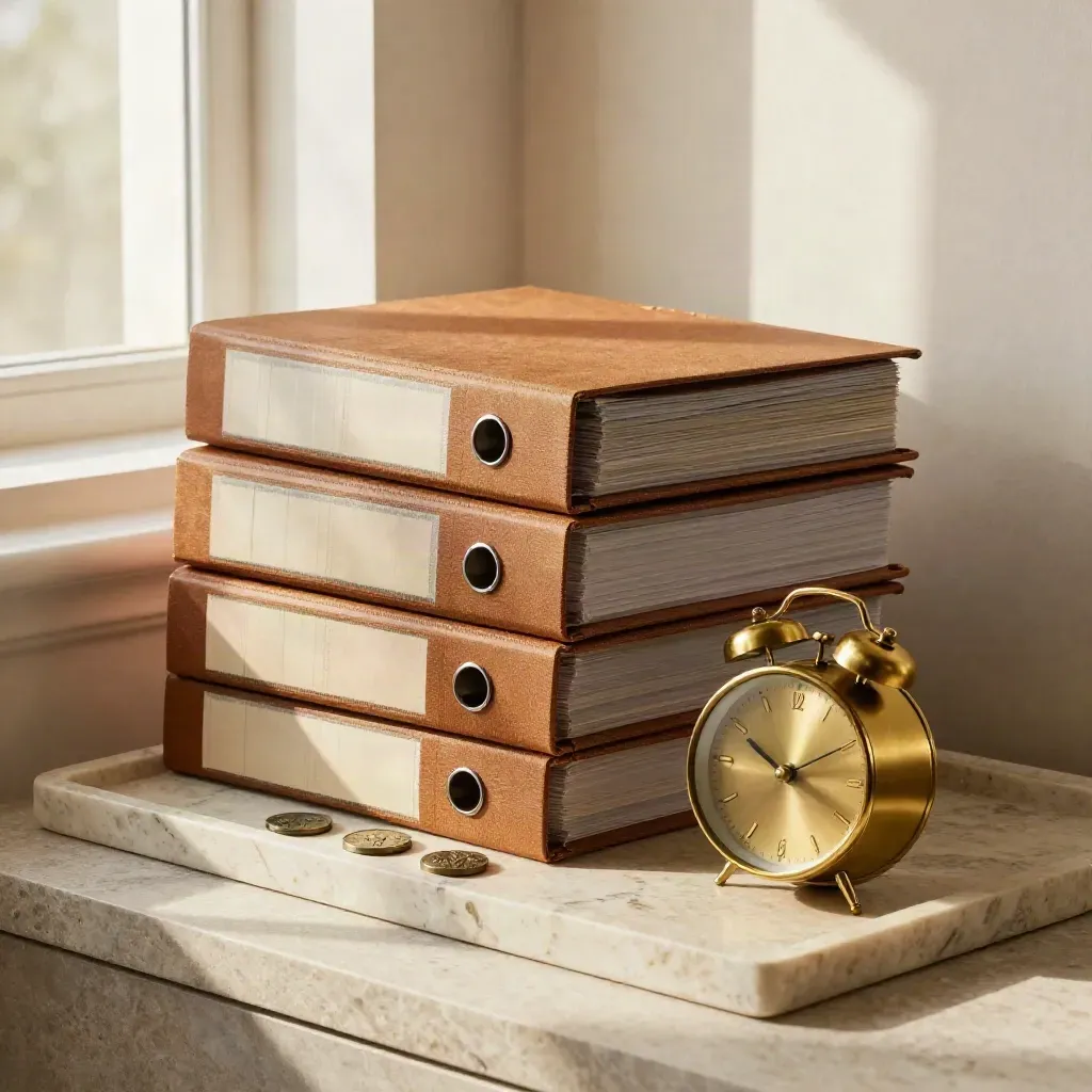 Binders, brass clock, and three tokens on travertine in soft window light