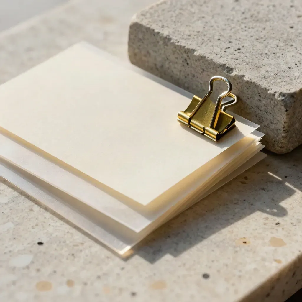 Macro of translucent planning overlays, brass clips, blank cards and a stone block on travertine.