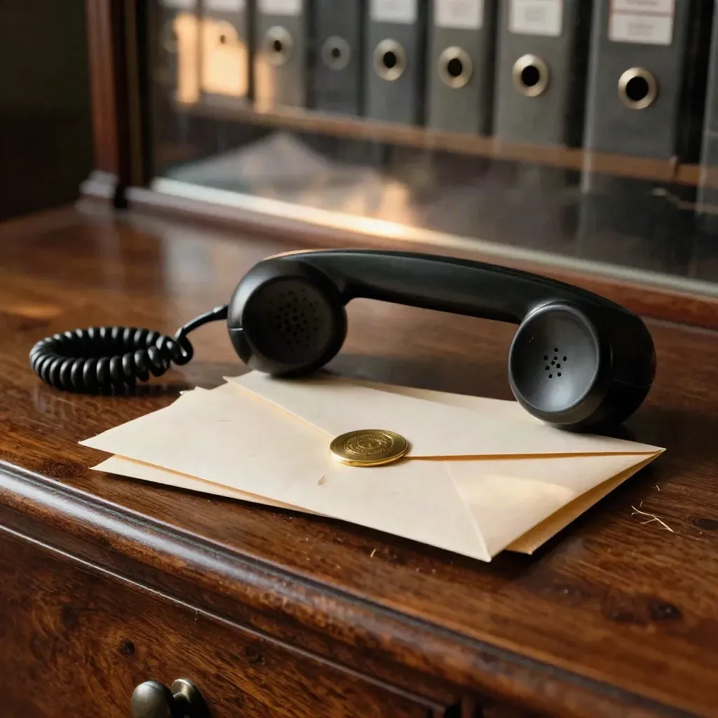 Handset, sealed envelopes, and brass seal on dark oak in dramatic light