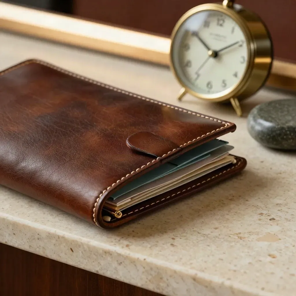 Leather portfolio, divider tabs, clock, and stone paperweight on a travertine ledge.