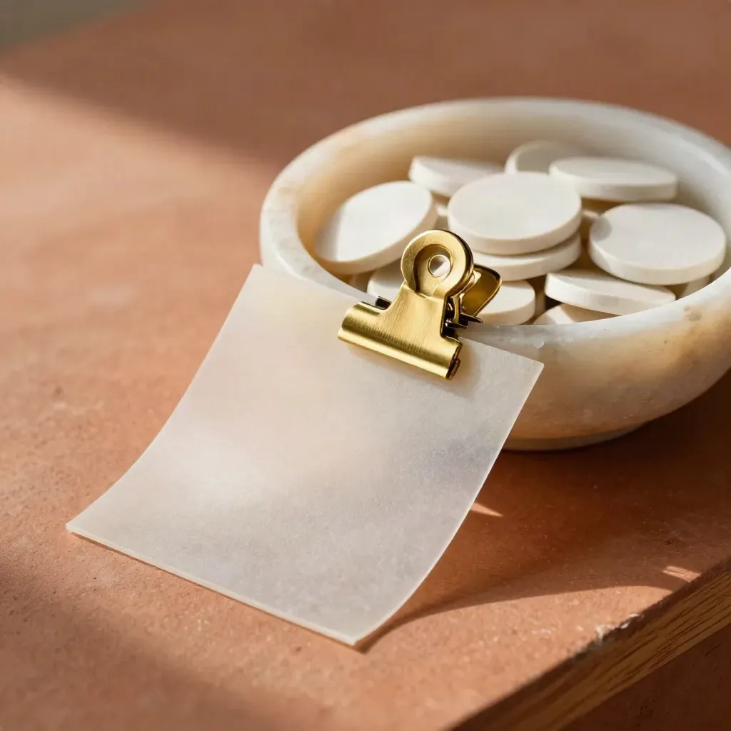 Profile sleeves, brass clip and stone token bowl on terracotta, lit by soft daylight.