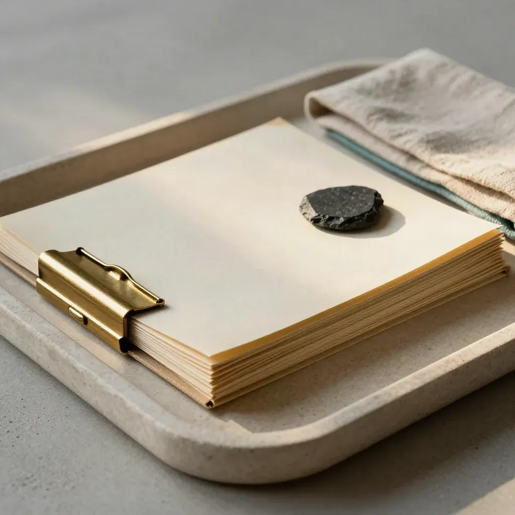 Brass clip, cream dossier sleeve, slate token, and linen swatch on a stone tray.