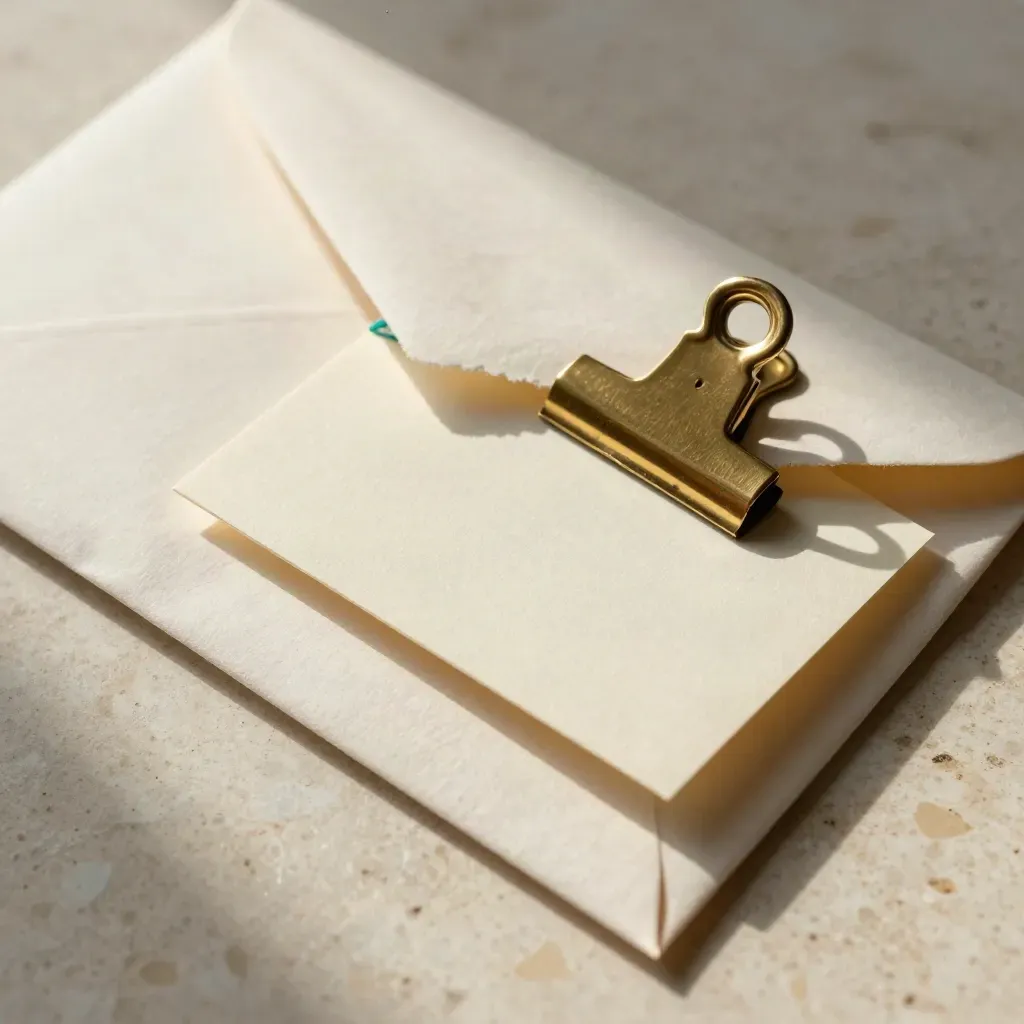 Torn ivory envelope with folded cream card and brass clip on pale stone, shot overhead.
