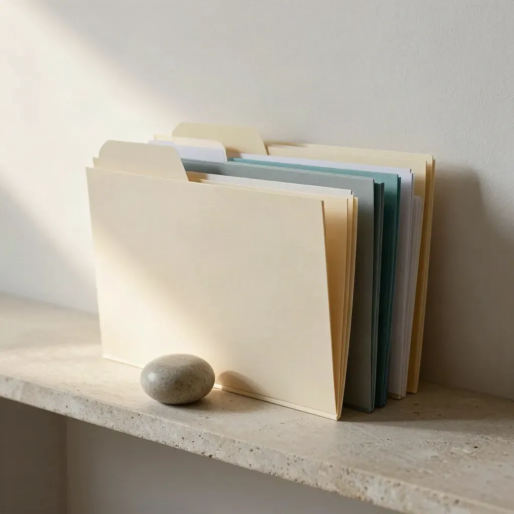 Stacked folders under a stone weight on a pale shelf, quiet follow-up process still life.