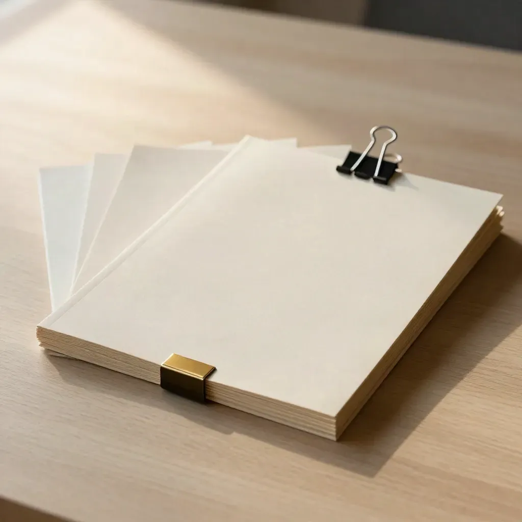 Three sealed expert candidate sleeves clipped on pale wood in soft side light.