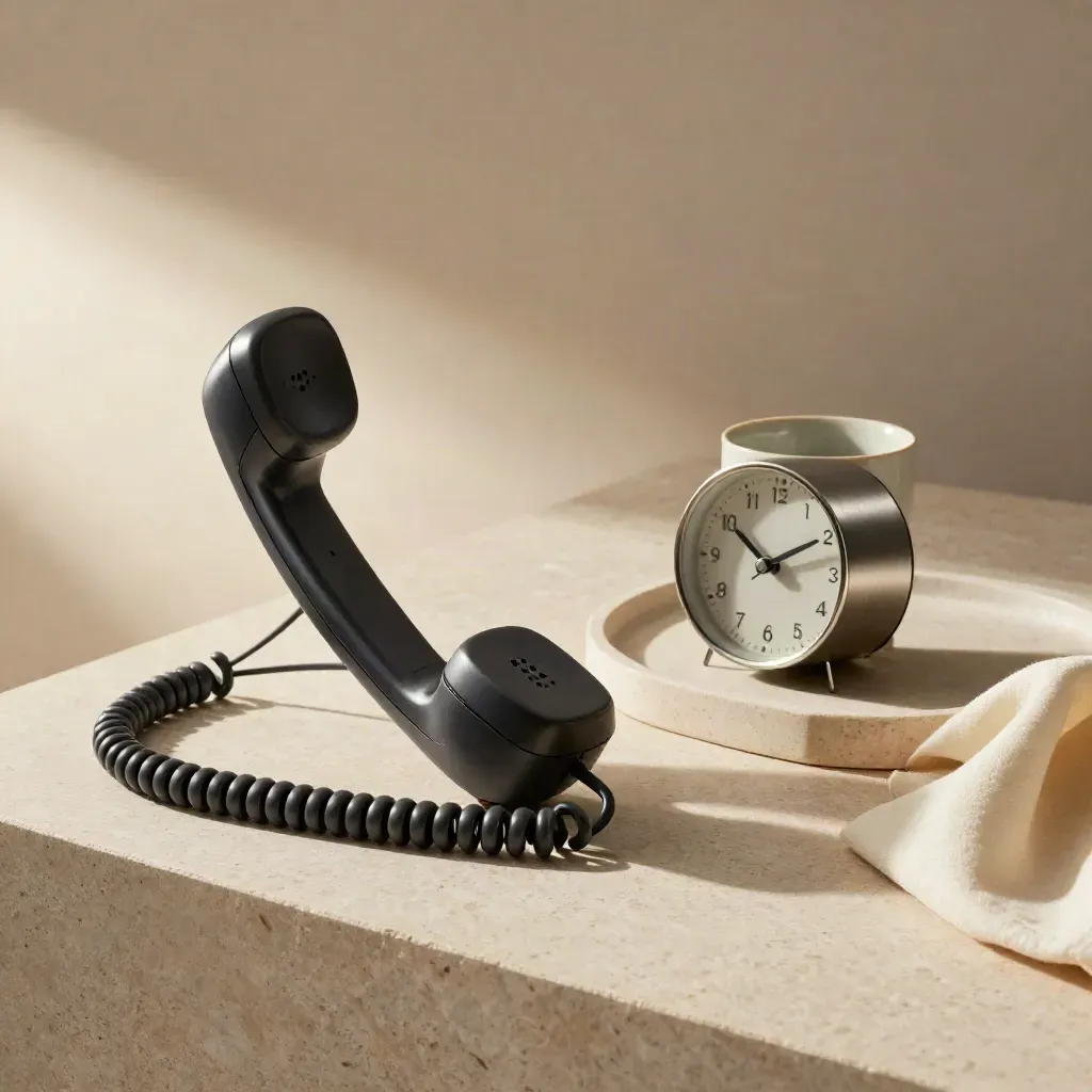 Corded handset in cradle beside clock and ceramic cup ring on a stone tray, soft light