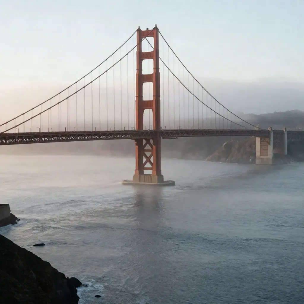 Golden Gate Bridge and Marin Headlands in low sea fog, calm Bay Area vista