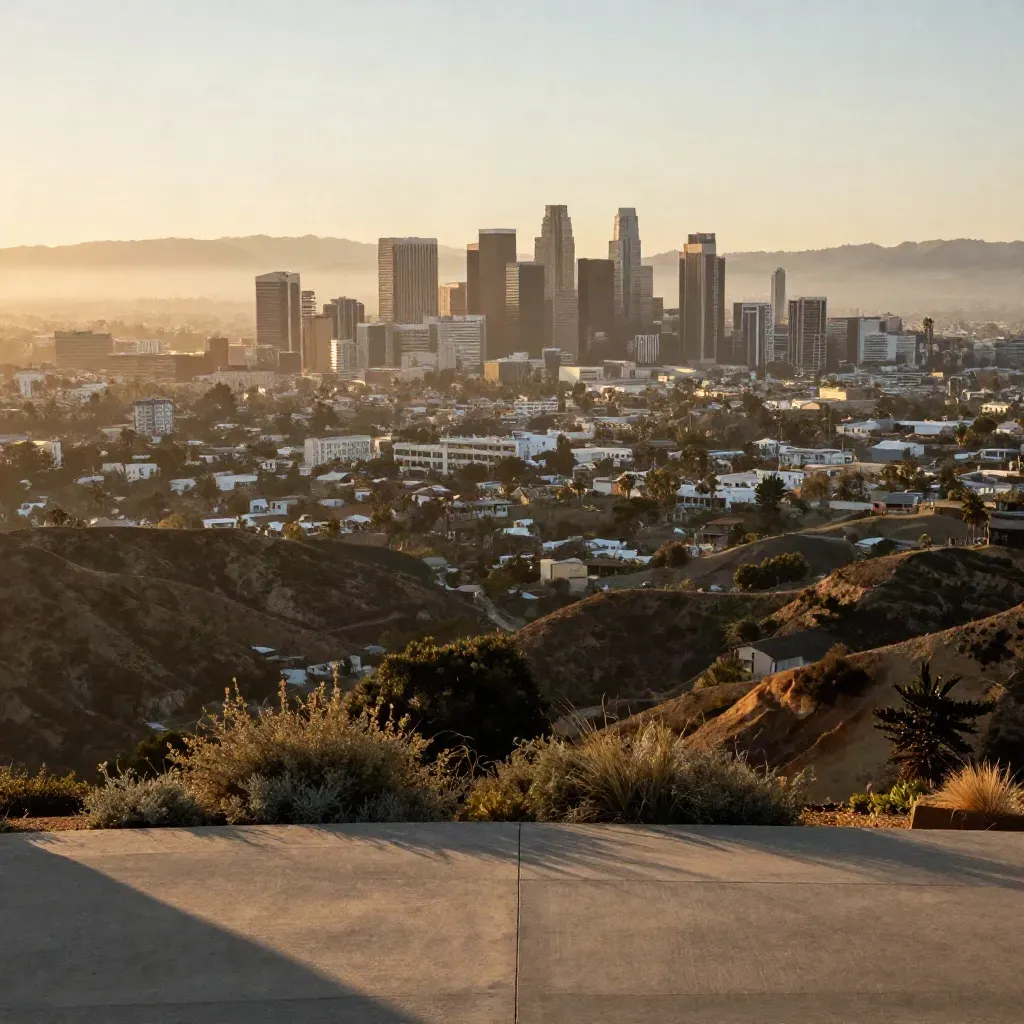 Los Angeles skyline above hazy basin and golden foothills at sunset