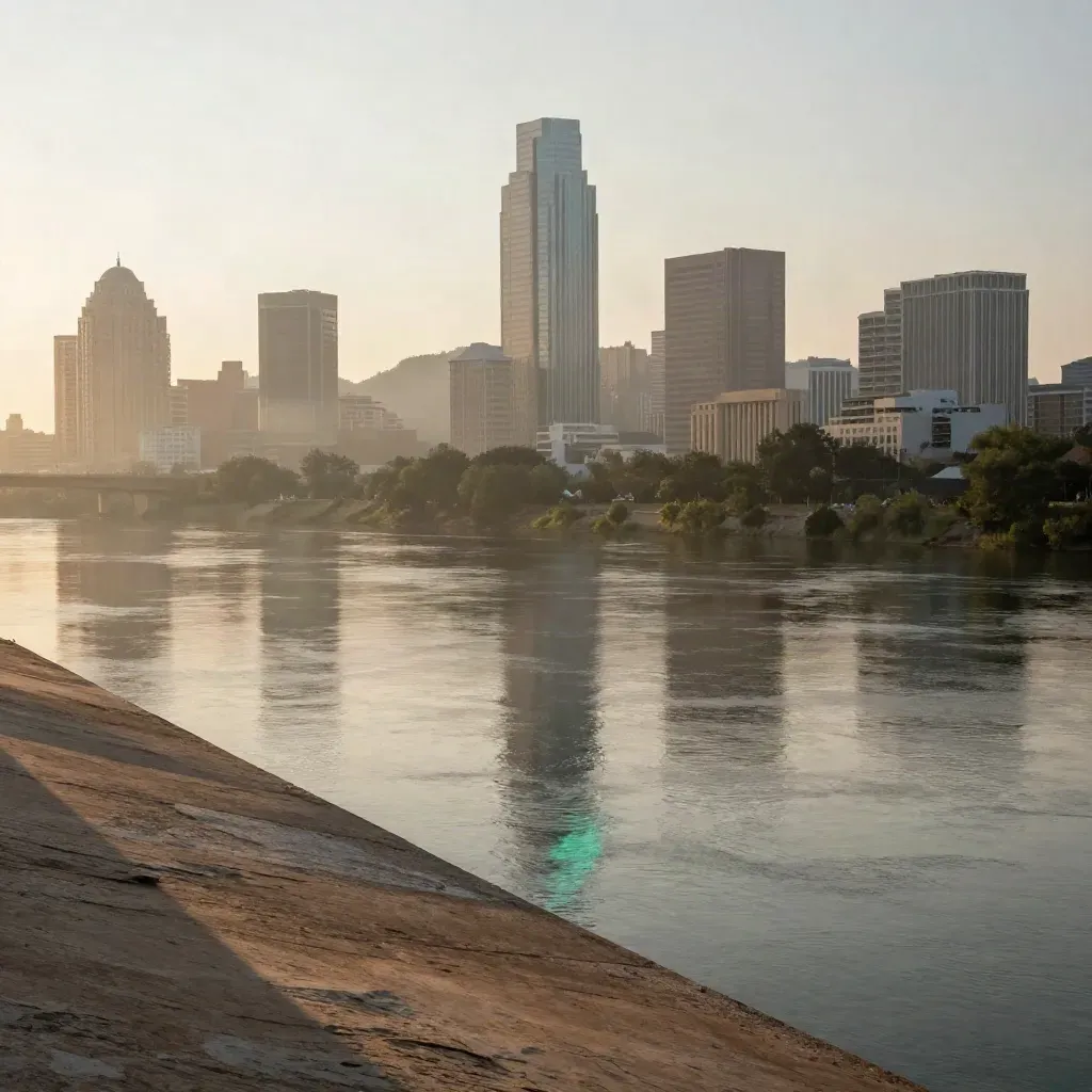 Austin skyline at dawn over a misty river with calm open foreground for copy